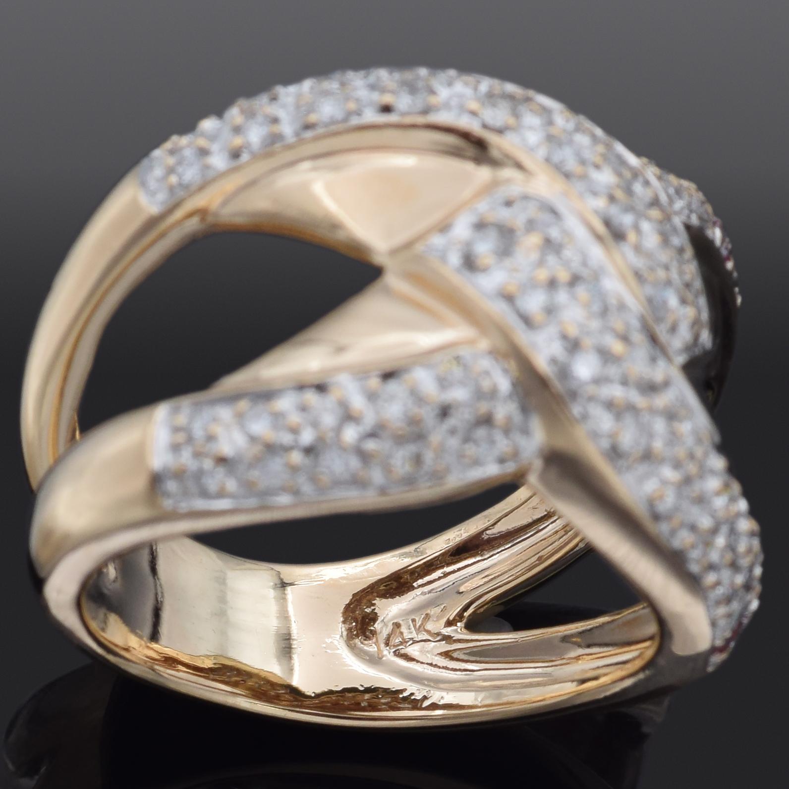 Women's Vintage 0.81 TCW Diamond Yellow Gold Interlocking Band Ring Size 7.25 For Sale