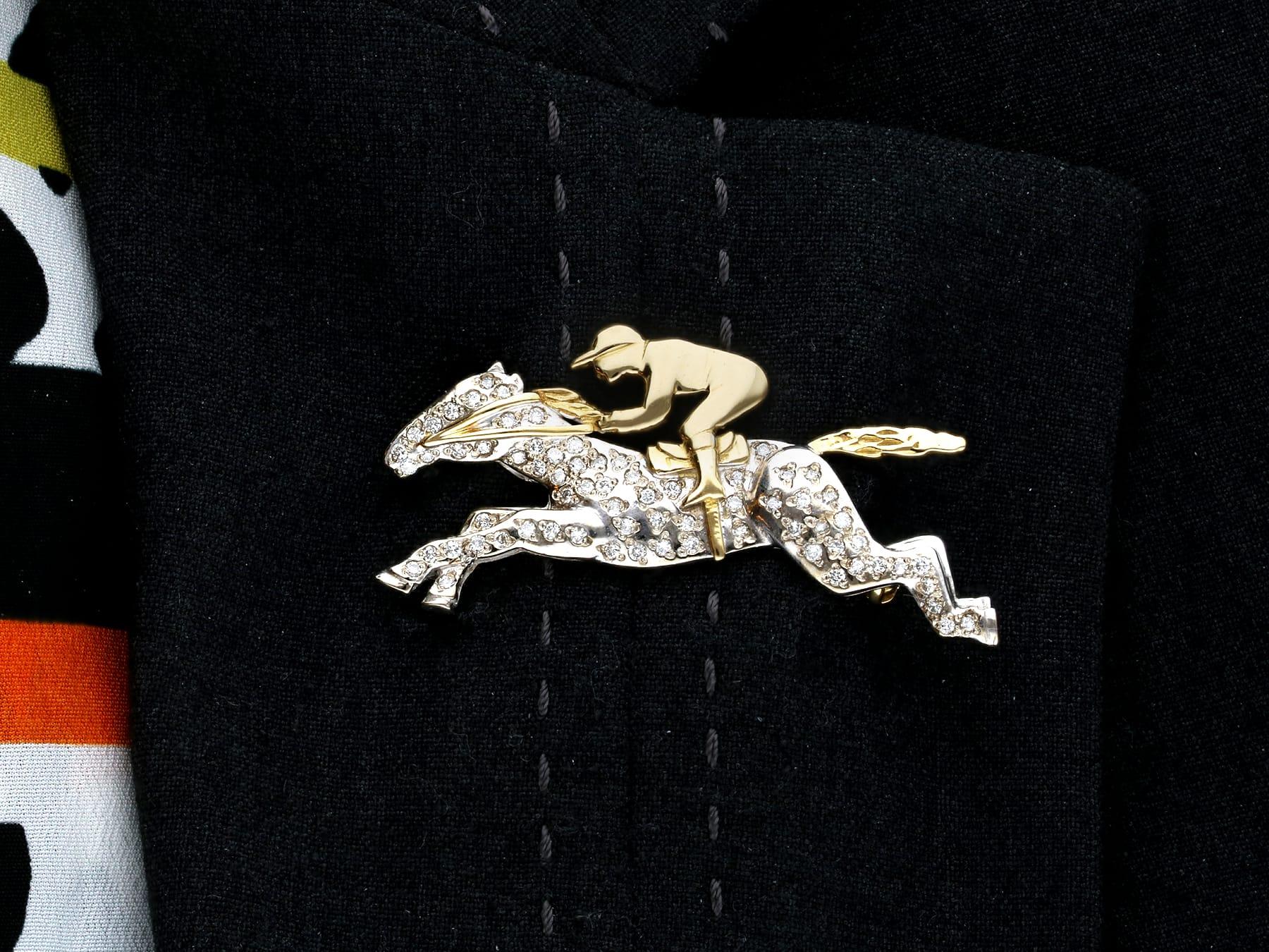 Vintage 0.82 Carat Diamond Yellow and White Gold Horse and Jockey Brooch For Sale 4