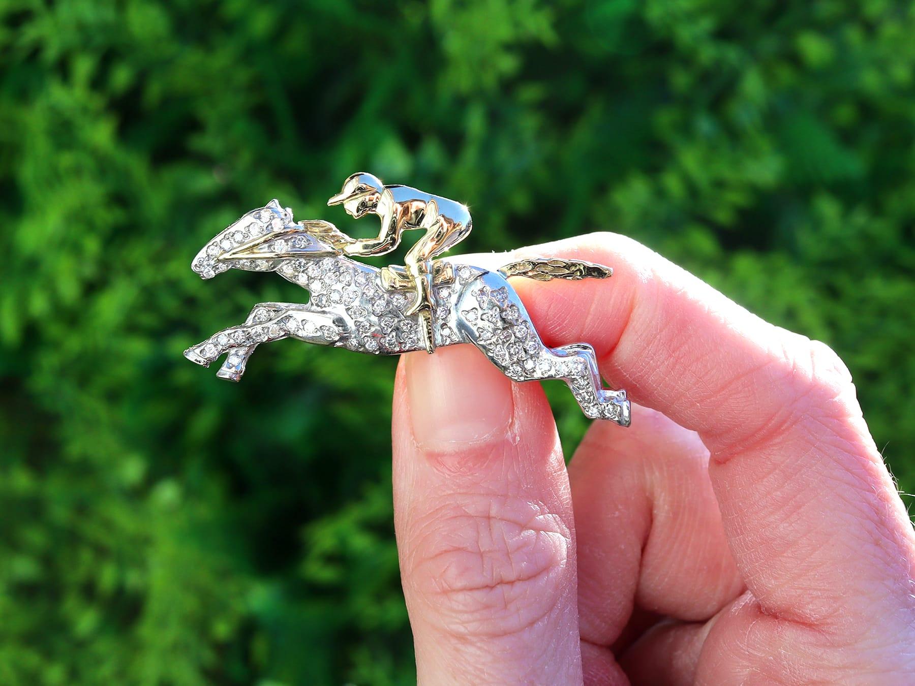A fine and impressive vintage 0.82 carat diamond, 18 karat yellow and white gold horse and jockey brooch; part of our diverse antique jewellery collections

This fine and impressive vintage diamond brooch has been crafted in 18k yellow and white