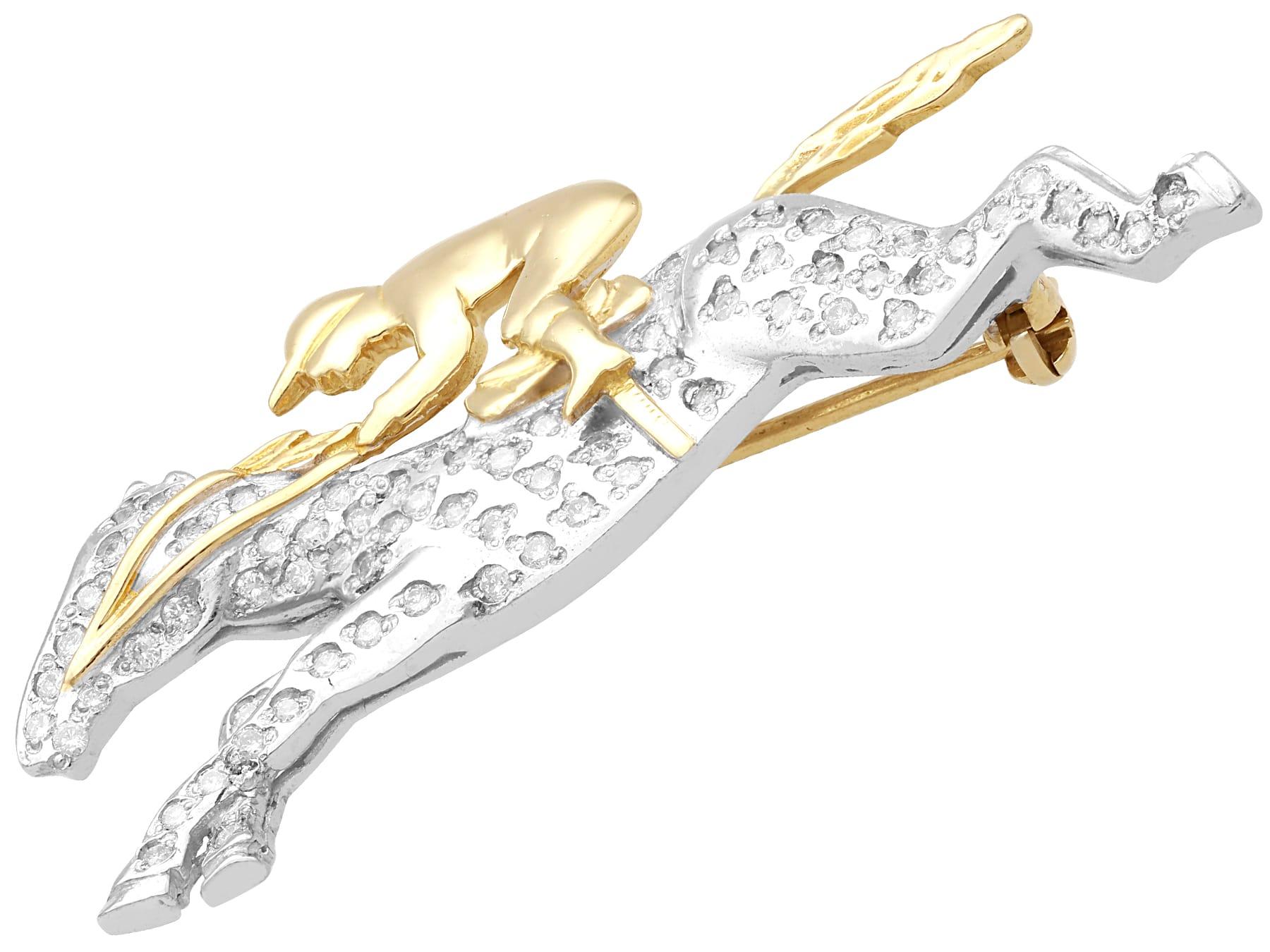 Round Cut Vintage 0.82 Carat Diamond Yellow and White Gold Horse and Jockey Brooch For Sale
