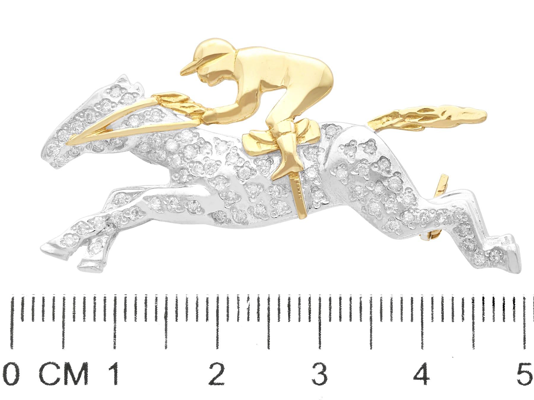 Vintage 0.82 Carat Diamond Yellow and White Gold Horse and Jockey Brooch For Sale 1