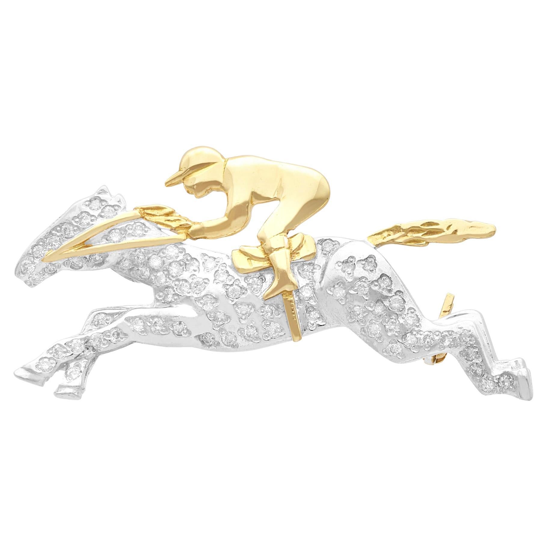 Broche vintage cheval et jockey en or jaune et blanc avec diamants de 0,82 carat