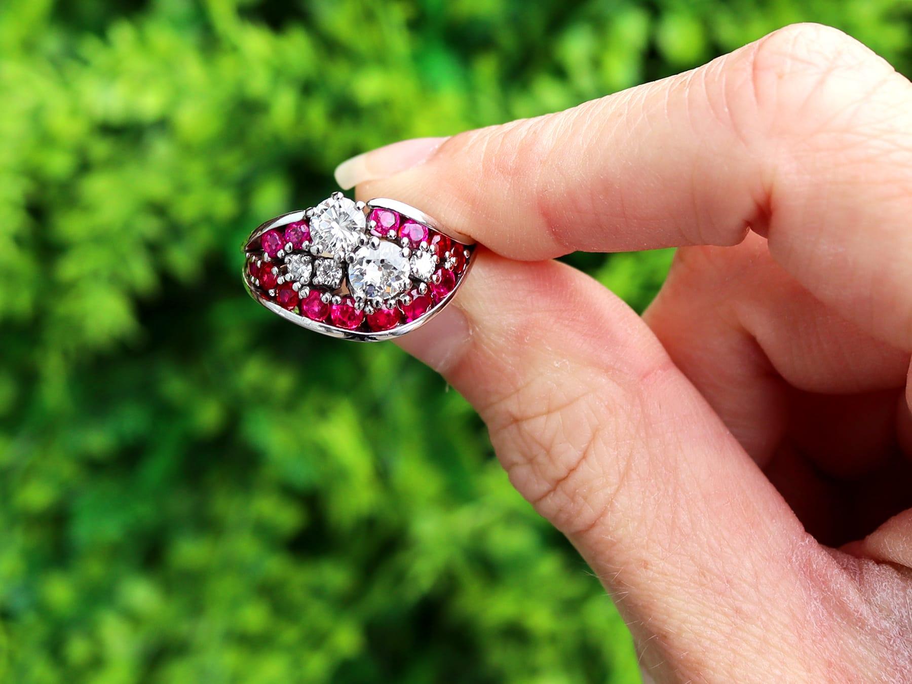 A stunning, fine and impressive 0.82 carat ruby and 1.28 carat diamond, 18 karat white gold dress ring; part of our diverse vintage ruby jewellery collection

This stunning, fine and impressive vintage ruby and ring with diamonds has been crafted in
