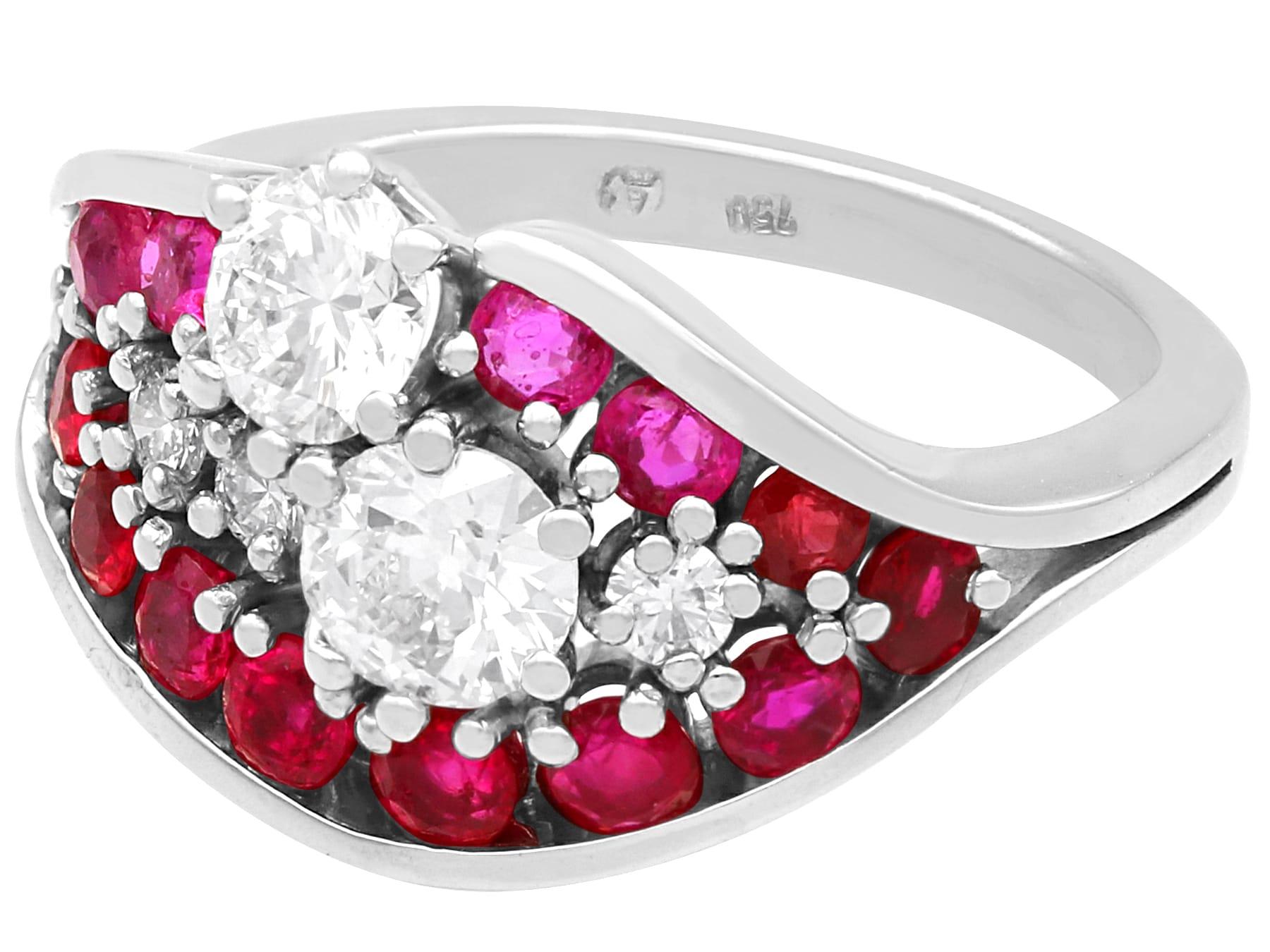 Round Cut Vintage 0.82 Carat Ruby and 1.28 Carat Diamond 18k White Gold Dress Ring  For Sale