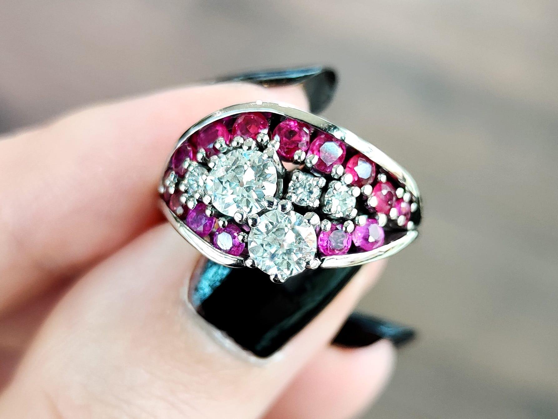 Round Cut Vintage 0.82 Carat Ruby and 1.28 Carat Diamond 18k White Gold Dress Ring For Sale