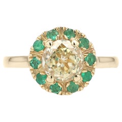 Vintage 0.82 Carat Yellow Diamond and Emerald Halo Engagement Ring