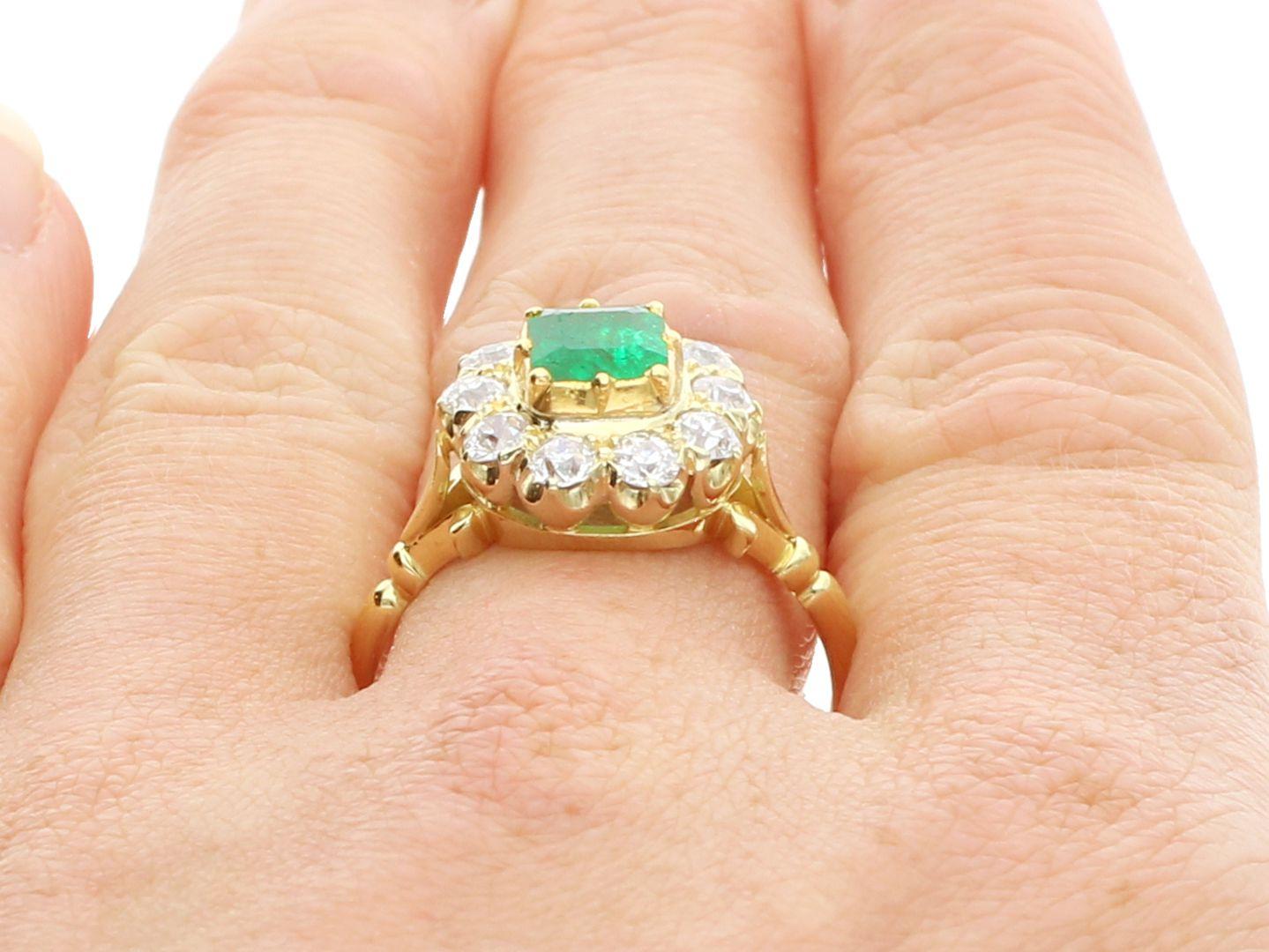 Vintage 0.82ct Emerald and 1.00ct Diamond, 18ct Yellow Gold Dress Ring 3