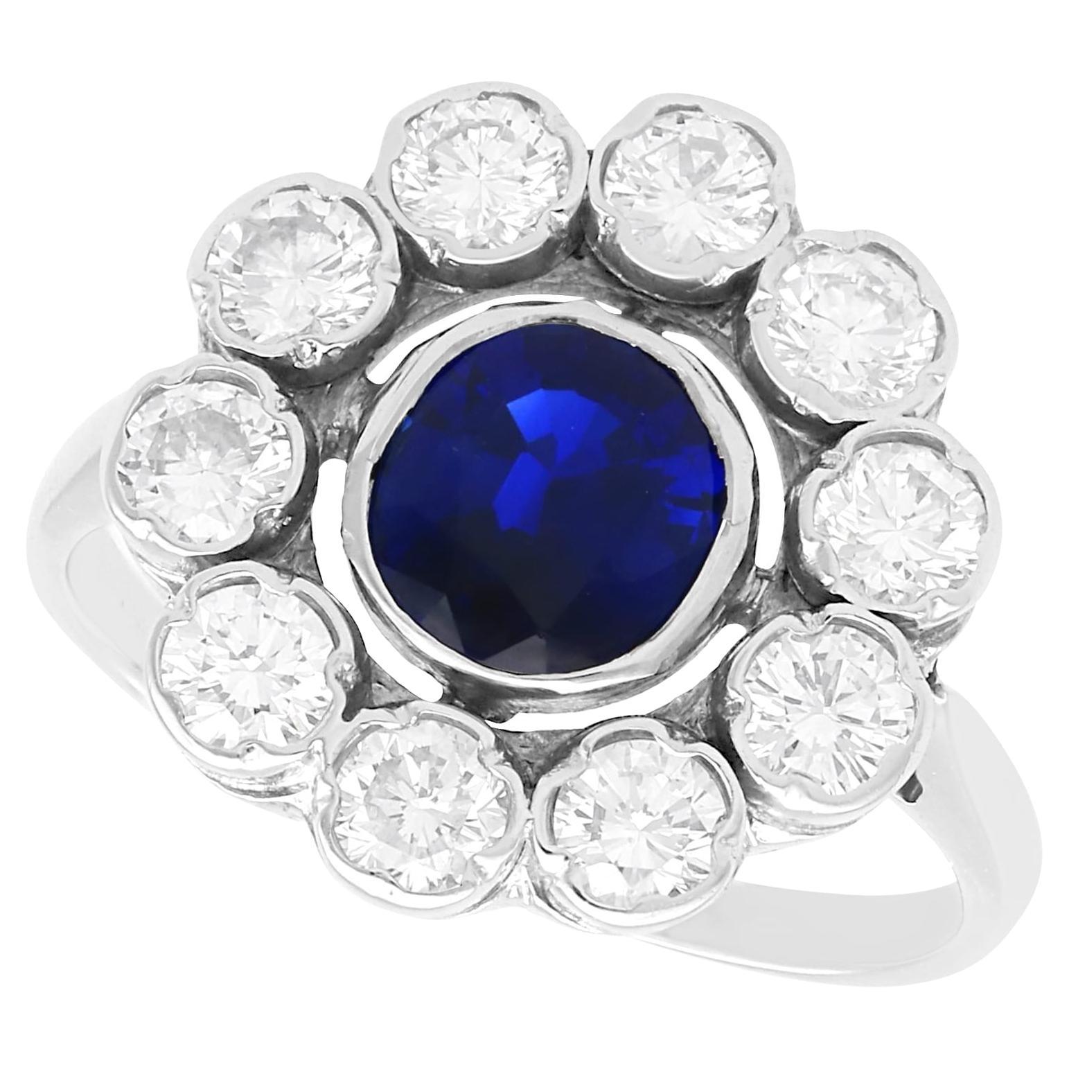Vintage 0.82Ct Sapphire 0.65Ct Diamond 18k White Gold Cluster Ring Circa 1950