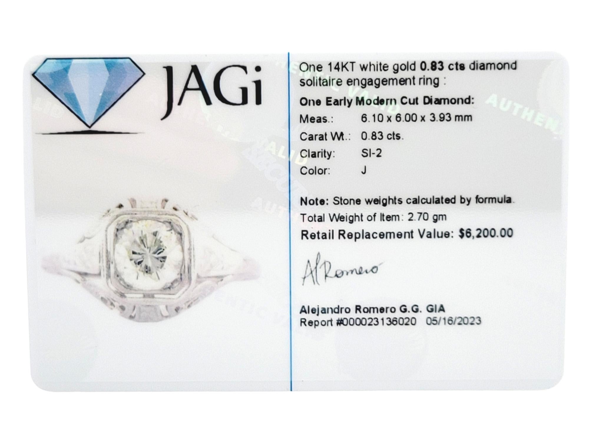 Vintage 0.83 Carat Solitaire Diamond Engagement Ring in 14 Karat White Gold For Sale 12