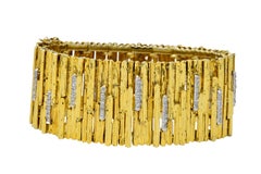Vintage 0.85 Carat Diamond 18 Karat Textured Wide Gold Bracelet Signed Kevin