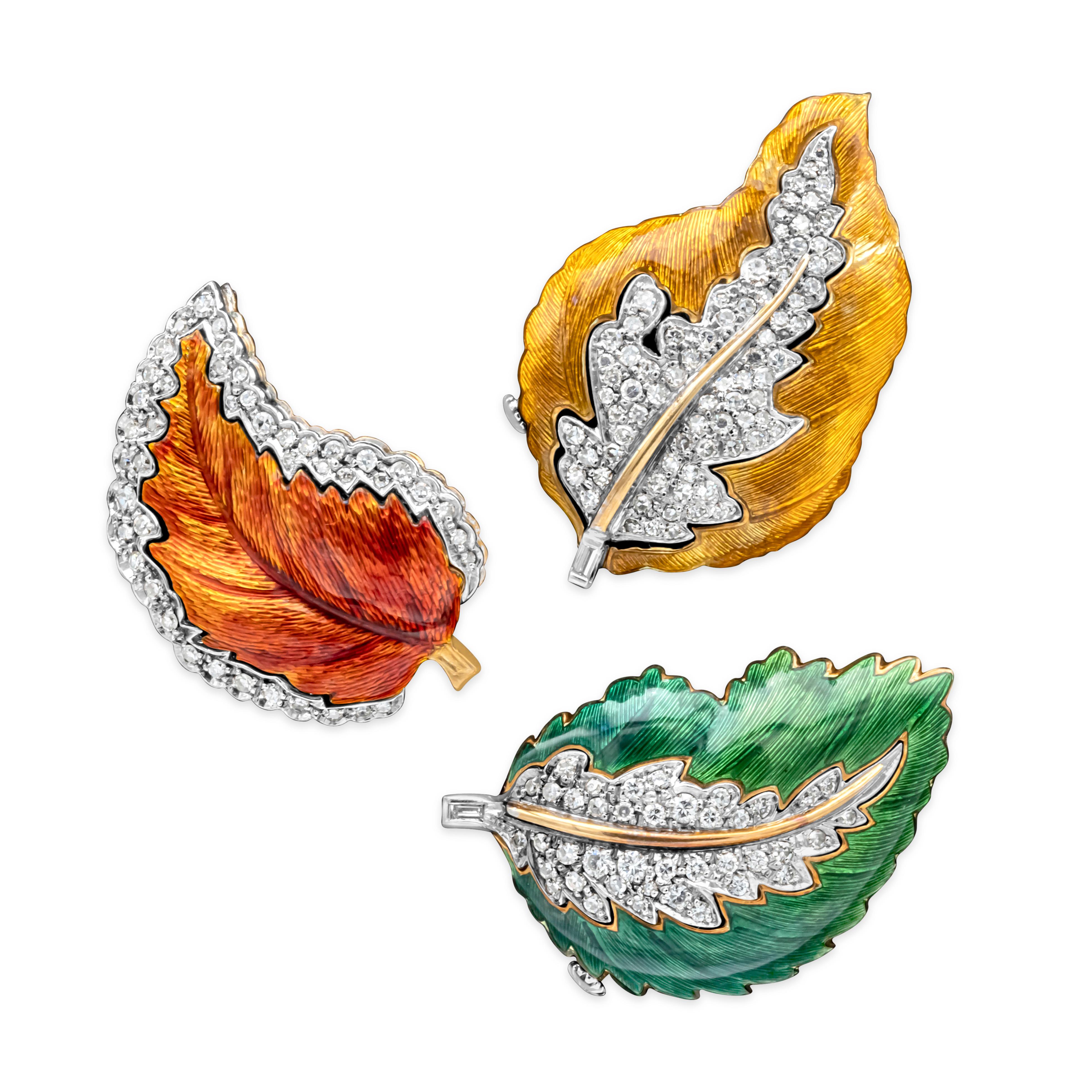 Artisan Vintage 0.85 Carats Total Round Diamond, Yellowish-Orange Enamel Leaf Brooch For Sale