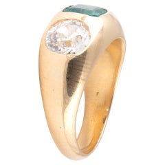 Vintage 0.85ct Colombian Emerald and 2.05ct Old Cut Diamond Three Stone Set Ring