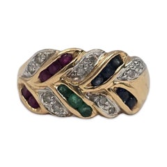 Vintage 0.85ctw Ruby Sapphire Emerald Diamond Leaf Band 18k Gold Ring