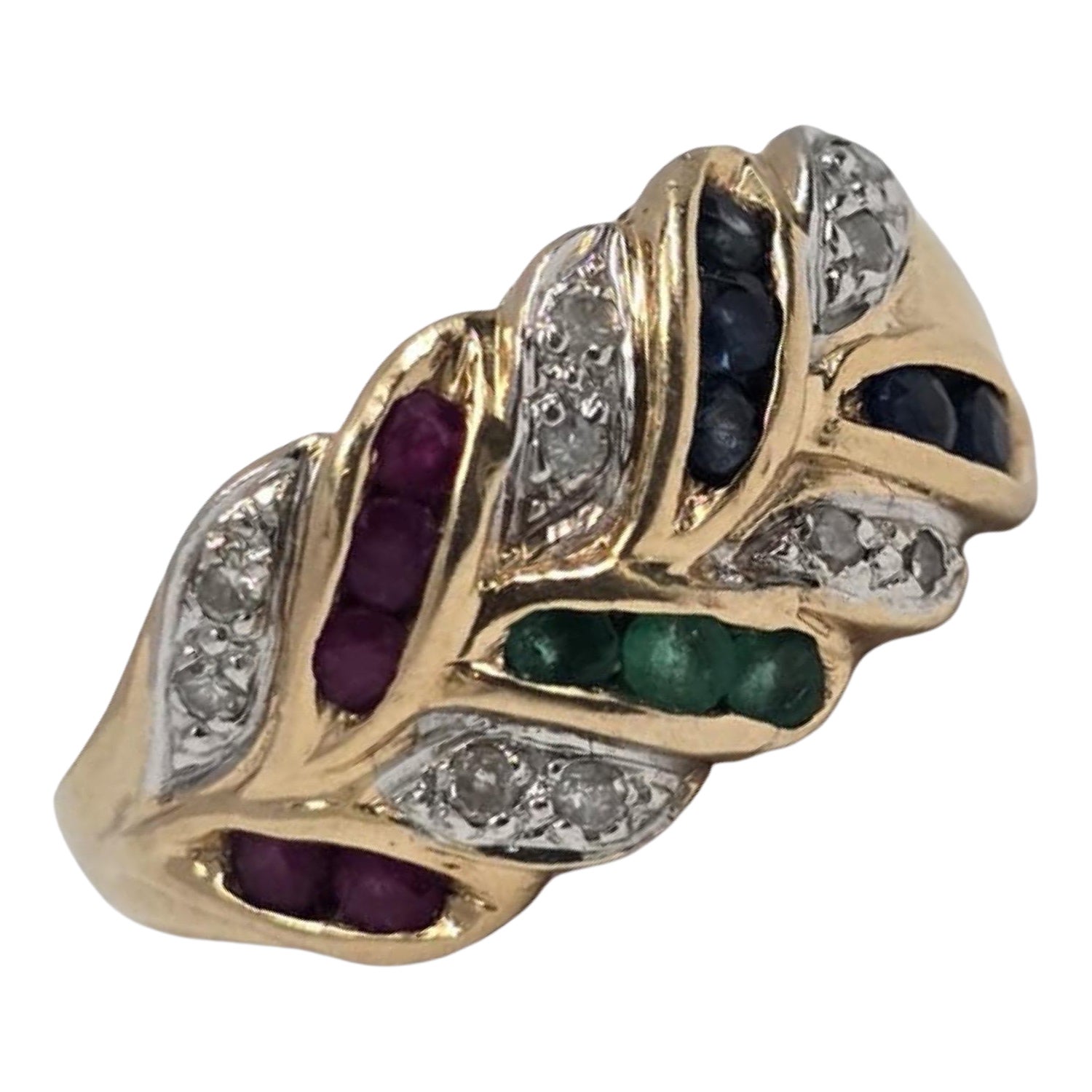 Vintage 0.85ctw Ruby Sapphire Emerald Diamond Leaf Band 18k Gold Ring