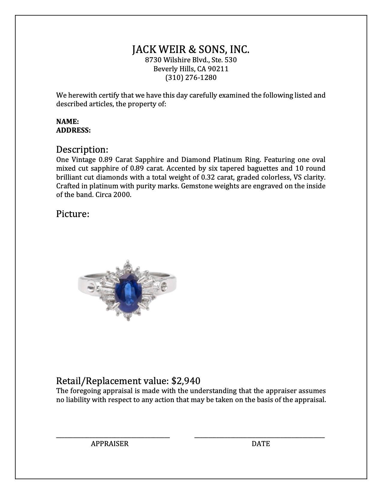 Vintage 0.89 Carat Sapphire and Diamond Platinum Ring For Sale 1
