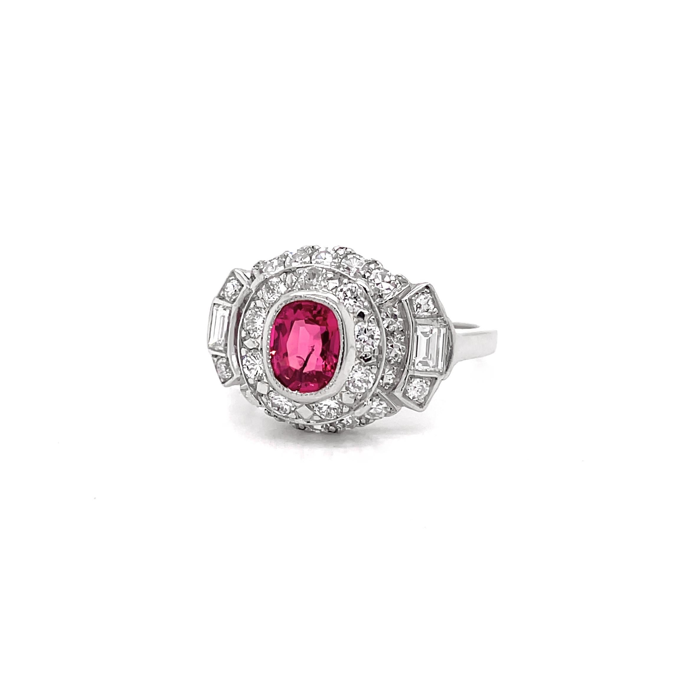 Art Deco Vintage 0.89ct Pink Spinel and Diamond Platinum Cluster Cocktail Ring