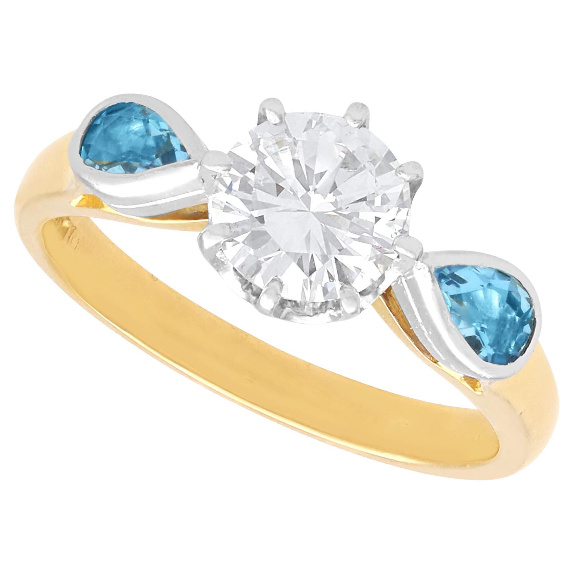 Vintage 0.90 Carat Diamond 0.46 Carat Aquamarine 18k Yellow Gold Ring Circa 1990