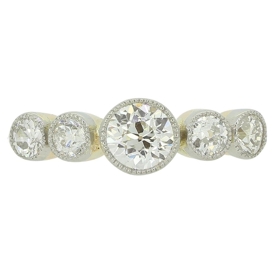 Vintage 0.90 Carat Old Cut Diamond Five Stone Ring