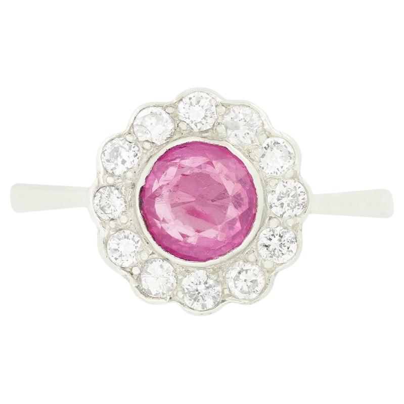 Vintage 0.90ct Pink Sapphire and Diamond Cluster Ring, c.1950s For Sale