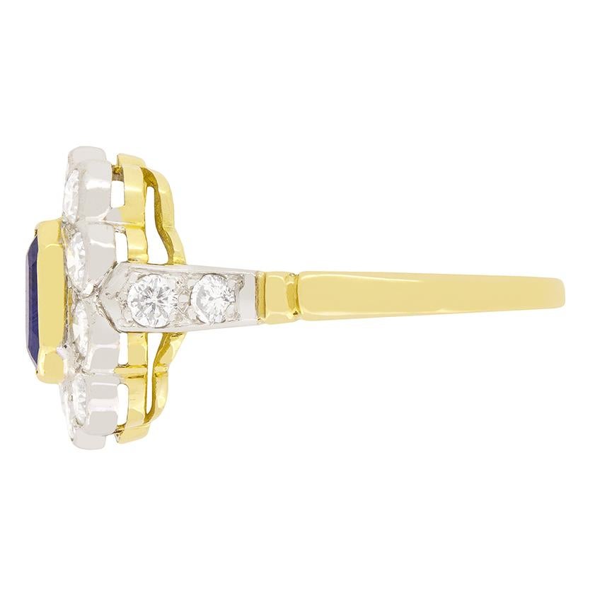Emerald Cut Vintage 0.90ct Sapphire and Diamond Cluster Ring, c.1950s For Sale