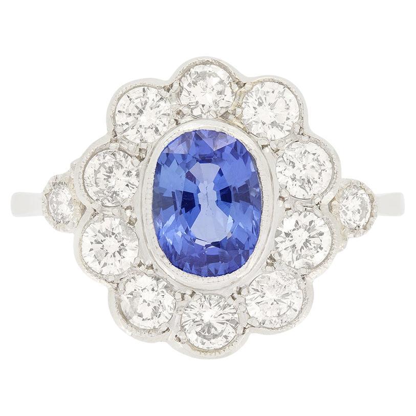 Vintage 0.90ct Sapphire and Diamond Cluster Ring, c.1950s For Sale