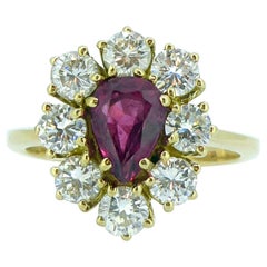 Vintage 0.93 Carat Pear Shaped Ruby and 1.12 Carat Diamond Cluster Ring