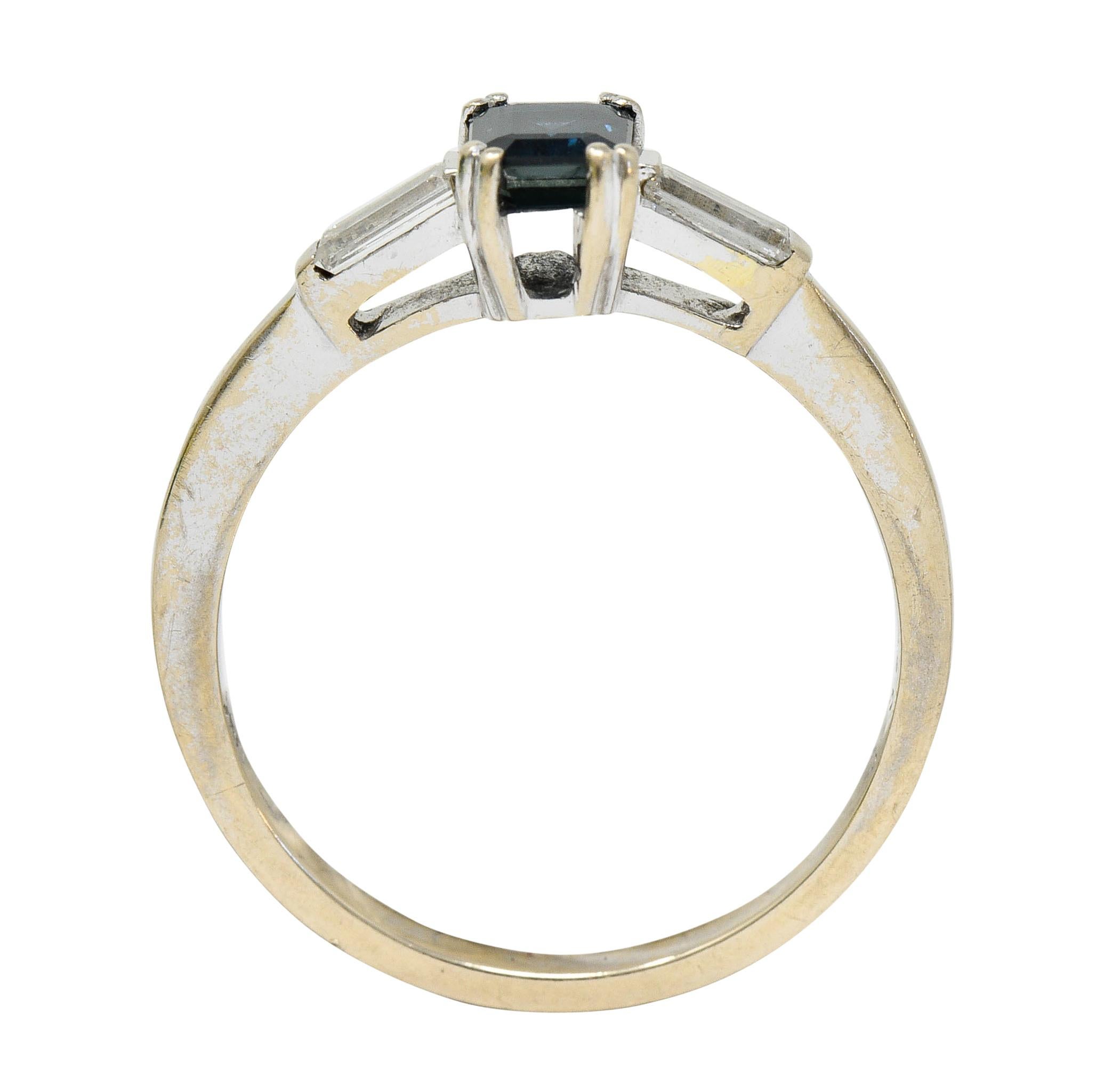 Vintage 0.95 Carat Sapphire Diamond 18 Karat White Gold Three Stone Ring 1