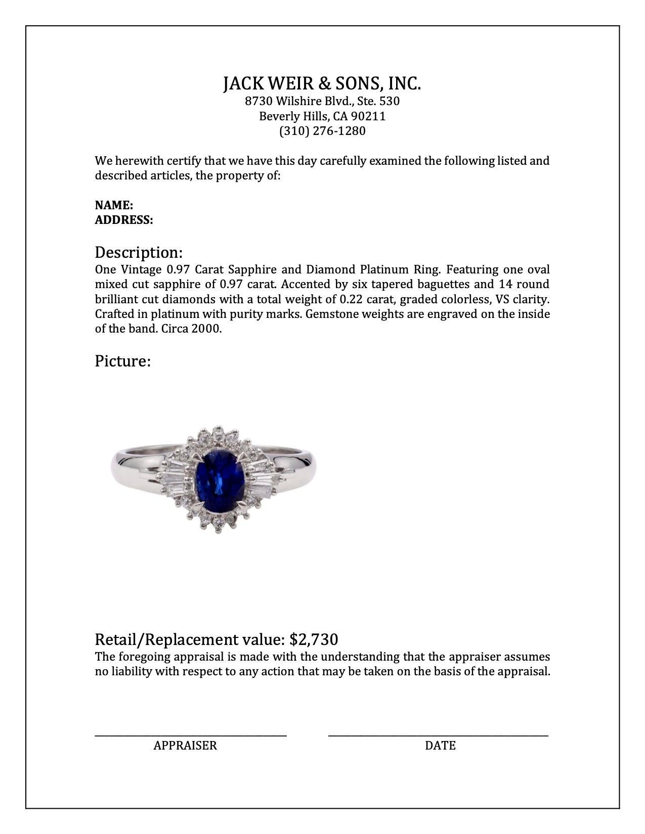 Vintage 0.97 Carat Sapphire and Diamond Platinum Ring For Sale 1