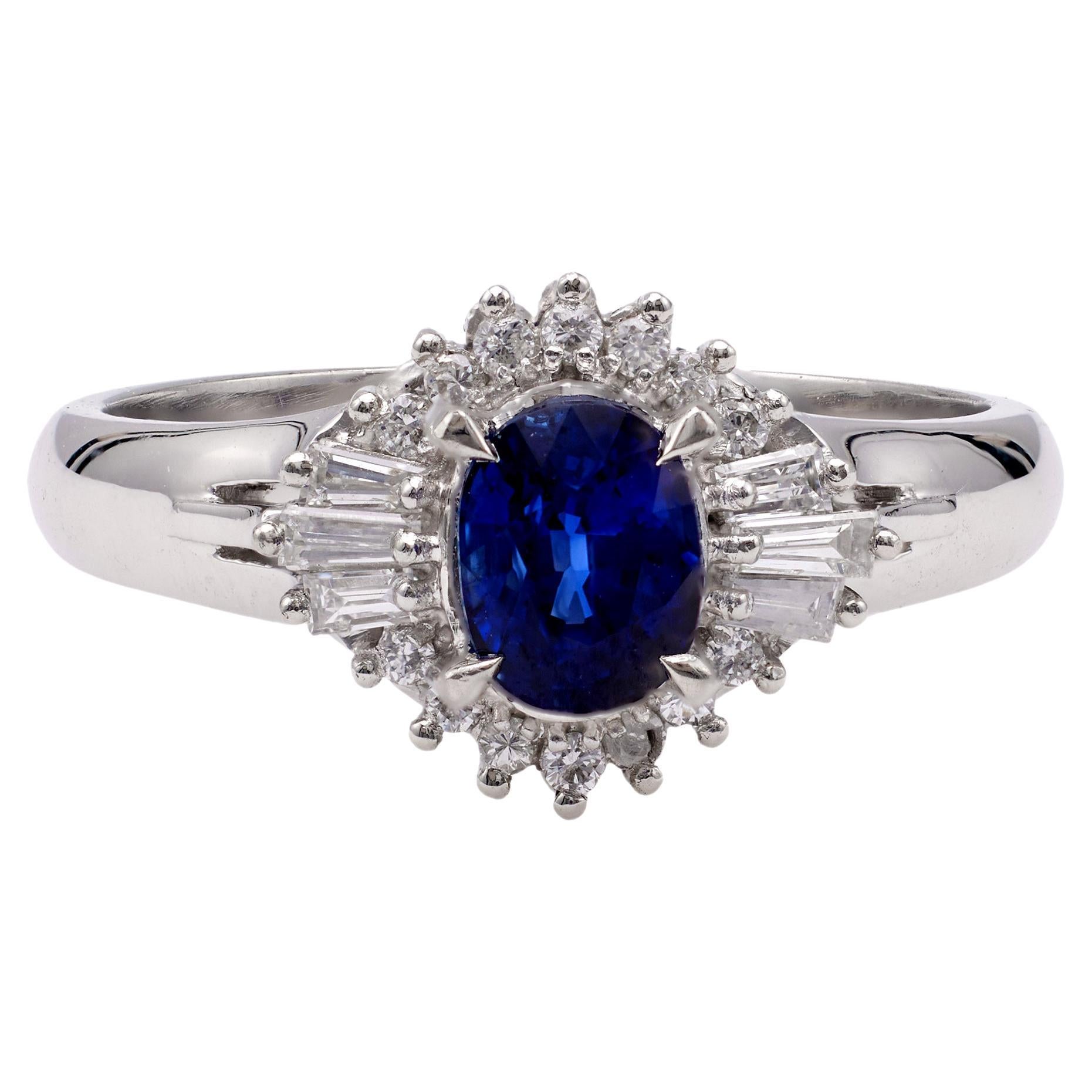 Vintage 0.97 Carat Sapphire and Diamond Platinum Ring For Sale