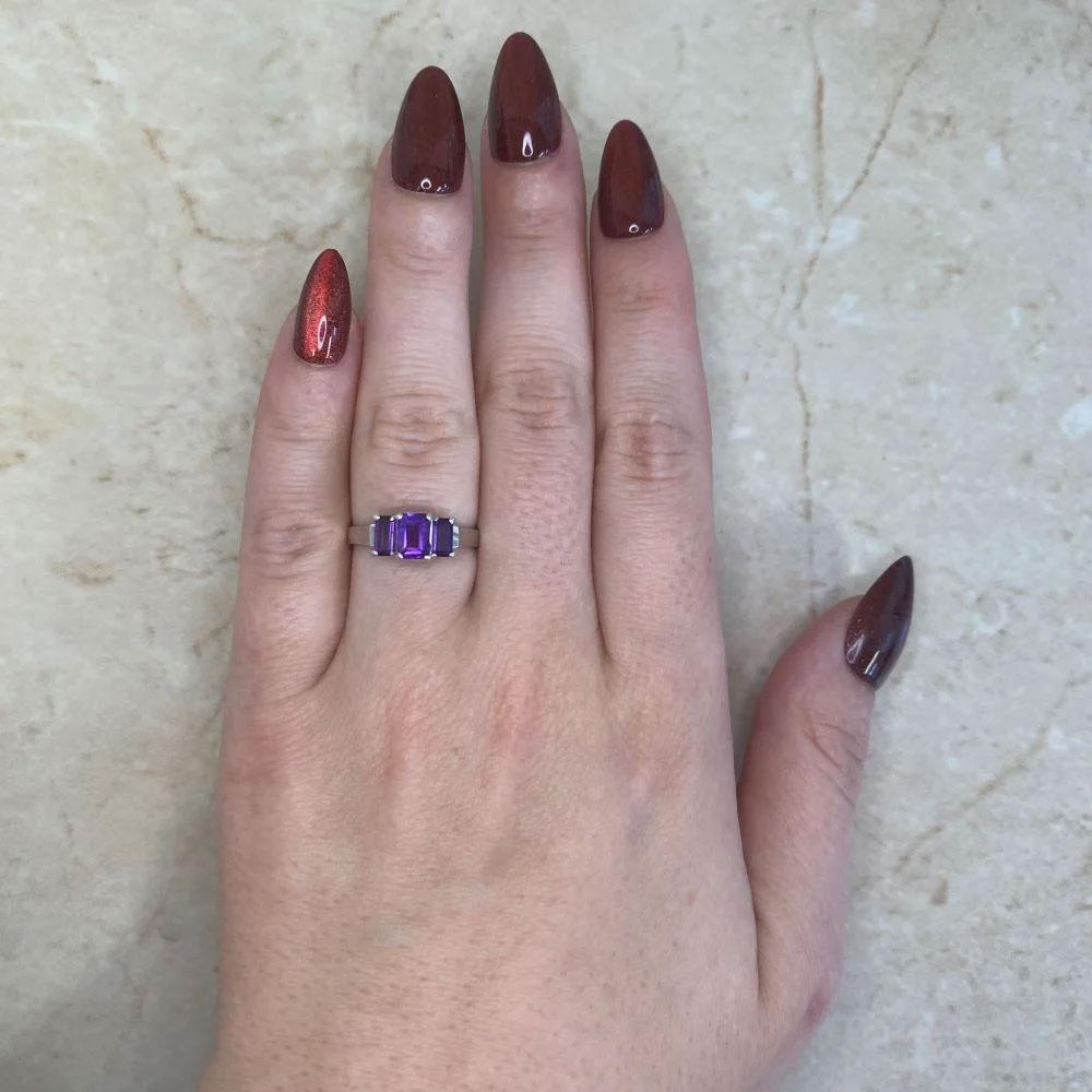 Art Deco Vintage 0.97ct Three-Stone Emerald-Cut Amethyst Ring, Platinum