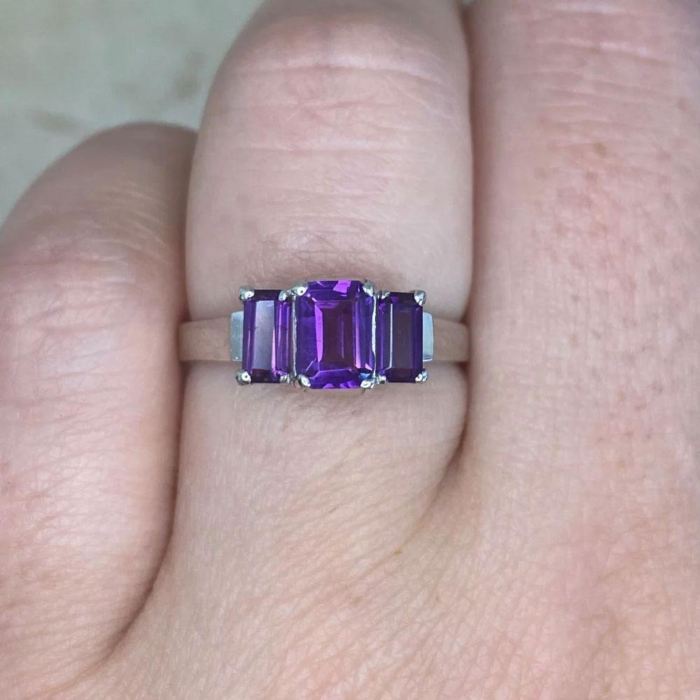 Emerald Cut Vintage 0.97ct Three-Stone Emerald-Cut Amethyst Ring, Platinum