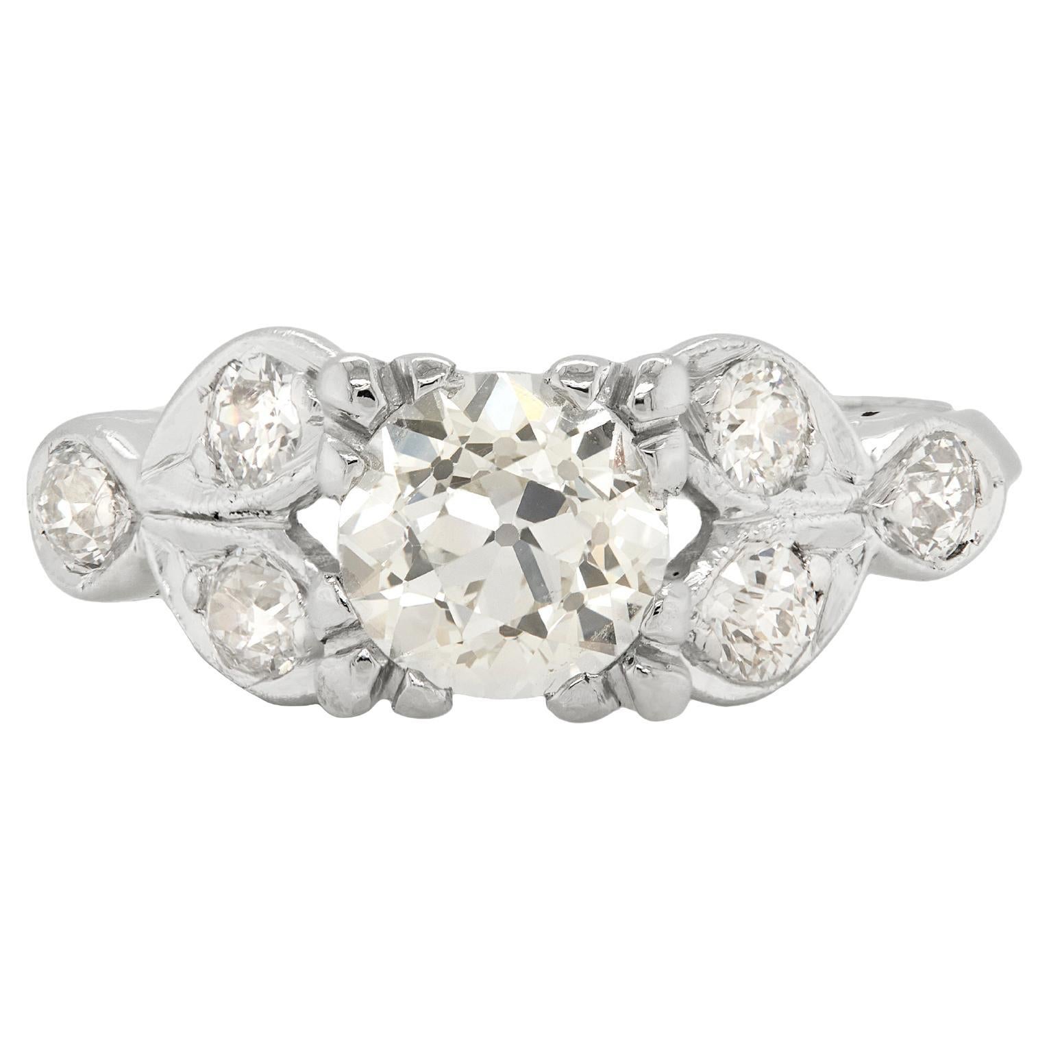 Verlobungsring aus Platin mit 0,99 Karat Diamant im Altschliff und Platin, ca. 1950er Jahre