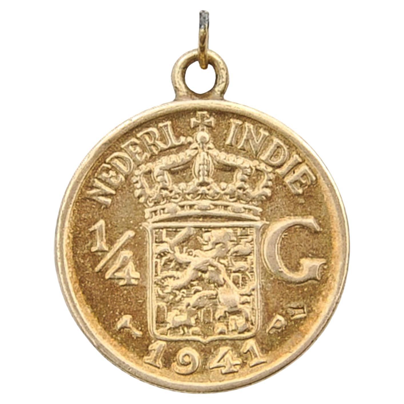 Vintage 1/4 Guilder Coin Charm Pendant, Dutch East Indies 1941