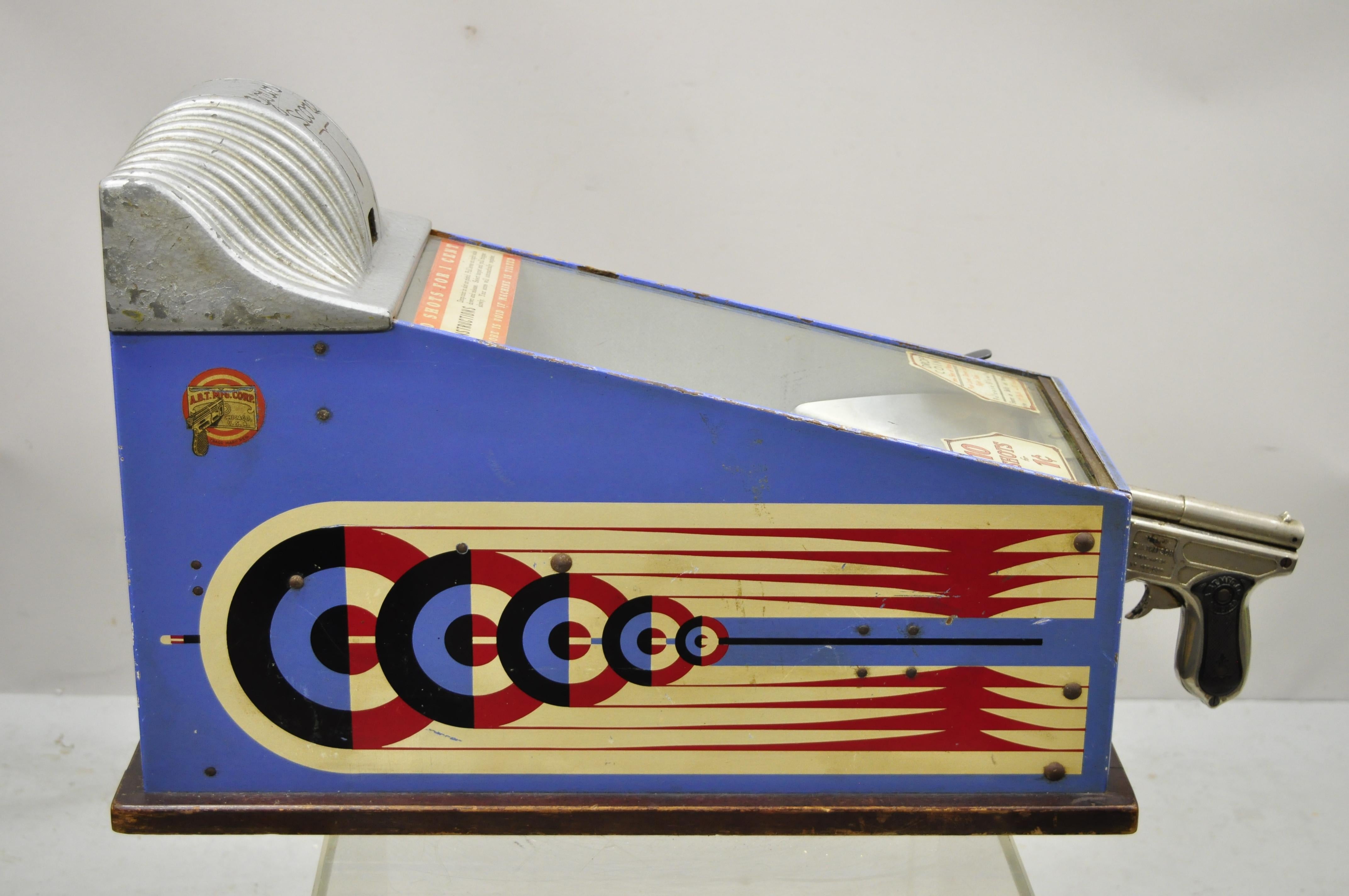 Vintage 1¢ ABT Mfg Corp Countertop Coin-Op Target Skill Arcade Game - Working. Item is a counter game manufactured by A.B.T. Mfg. Co. from 1925 to 1939, offering 10 shots for every 1¢, original labels, very nice antique item, quality American