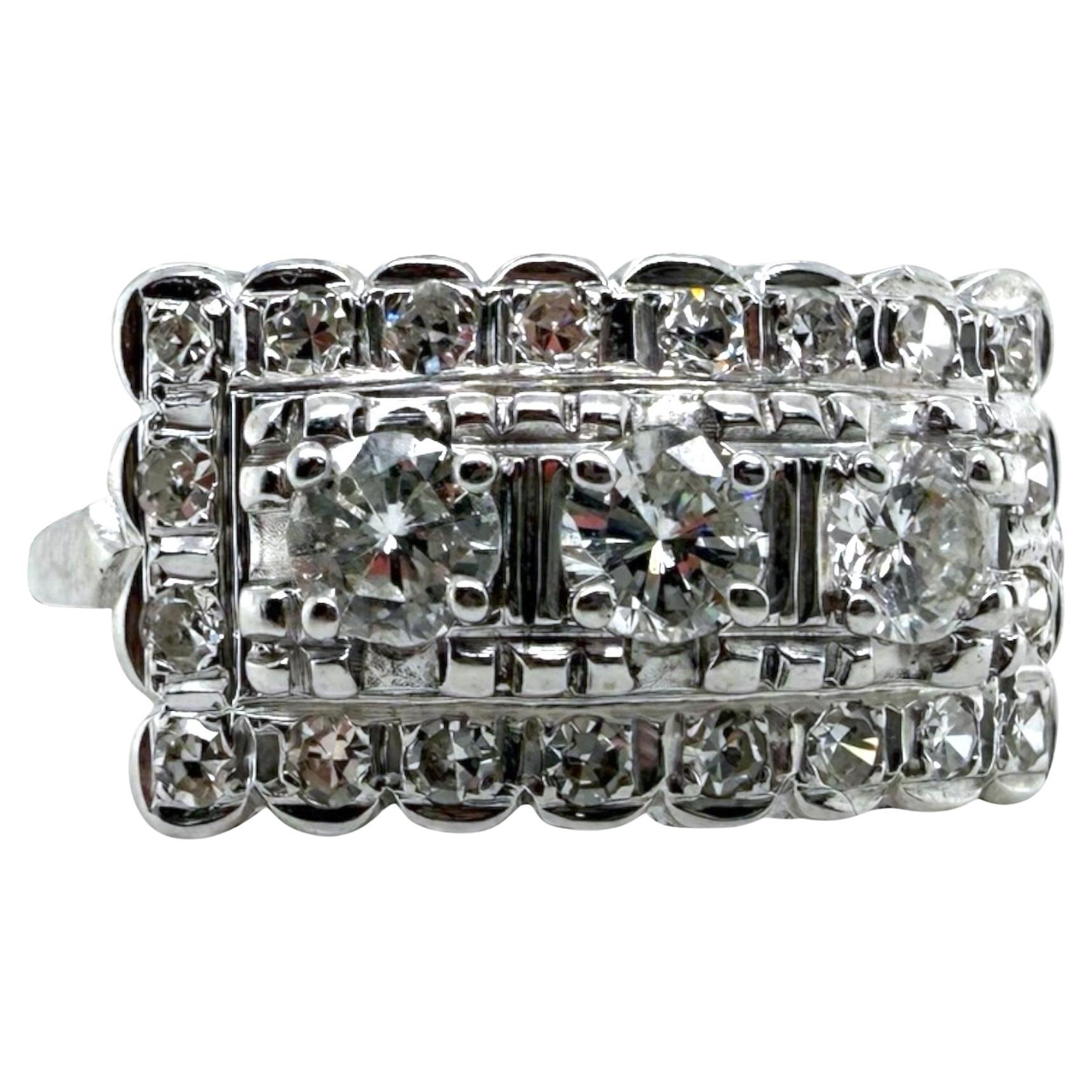 Anello da cocktail con diamante vintage da 1 carato in oro bianco 14K