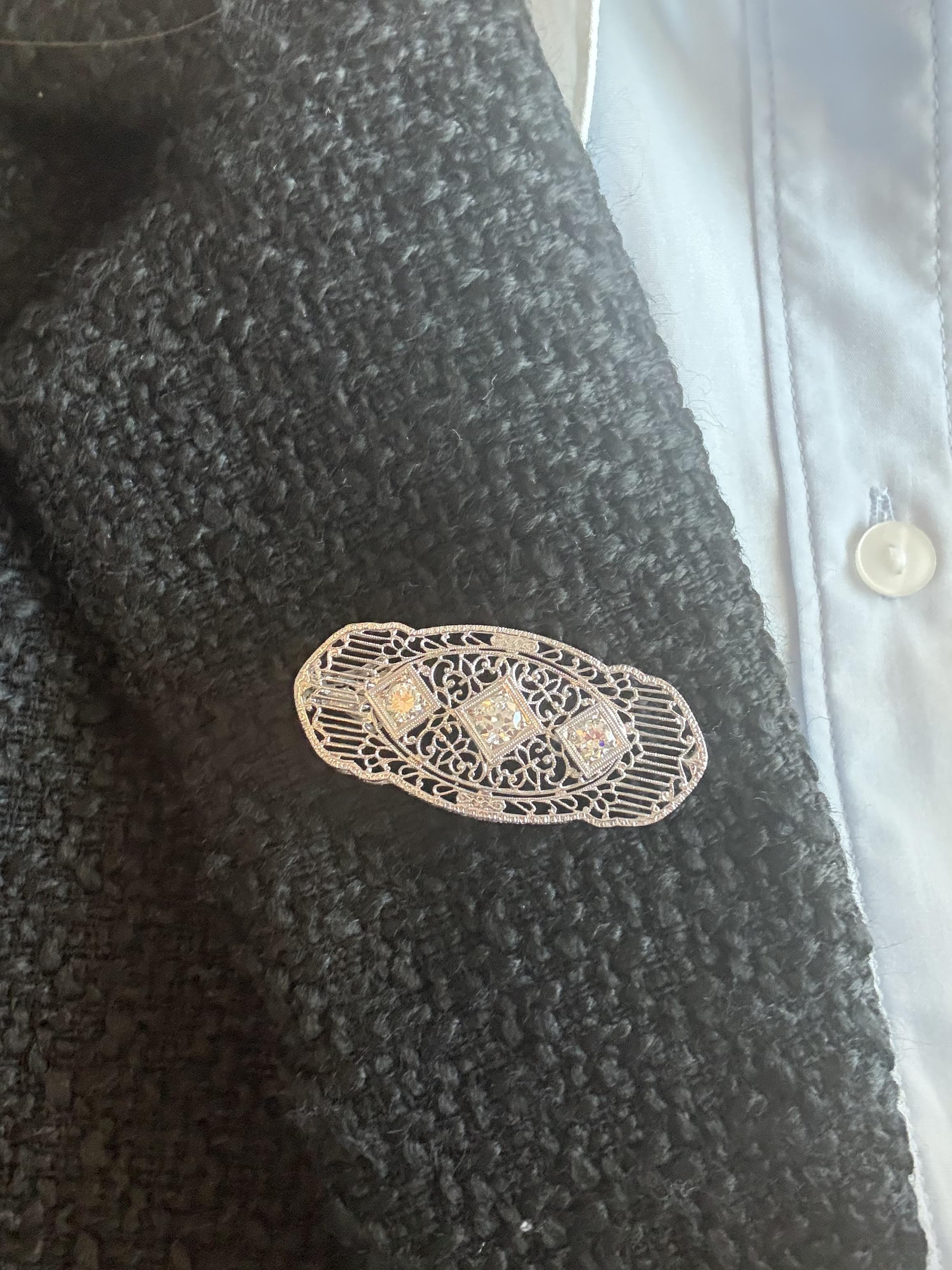 Taille vieille Europe Pendentif broche filigrane combo vintage en or blanc 14 carats avec diamants de 1 carat en vente