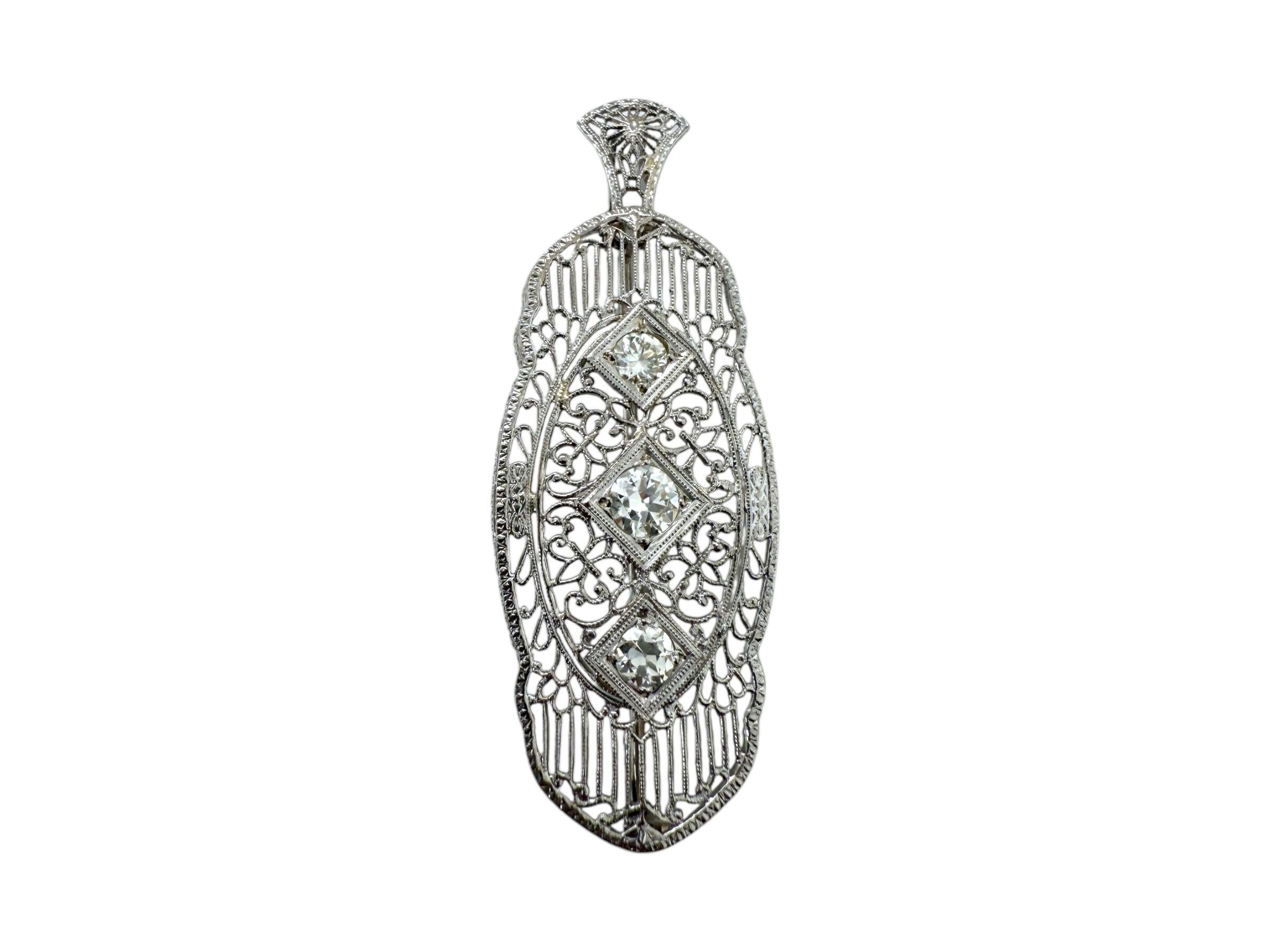 Pendentif broche filigrane combo vintage en or blanc 14 carats avec diamants de 1 carat en vente 1