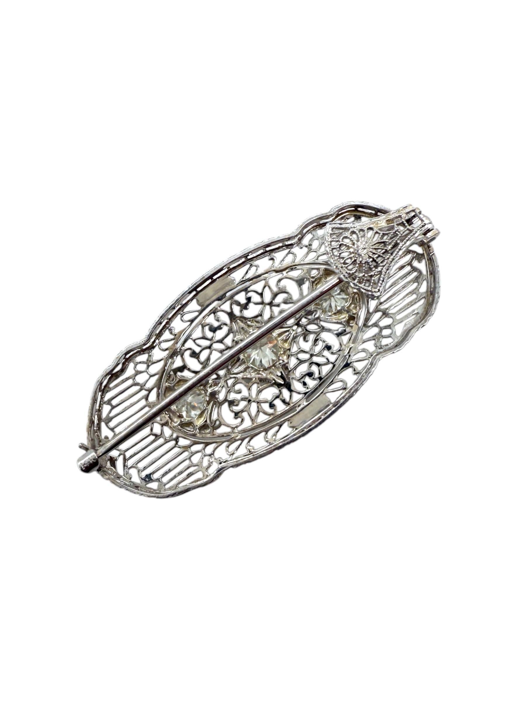 Pendentif broche filigrane combo vintage en or blanc 14 carats avec diamants de 1 carat en vente 2
