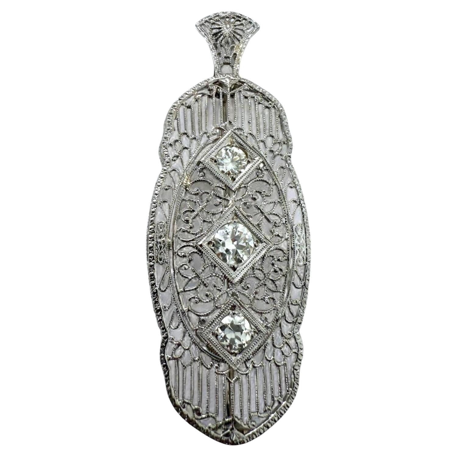 Vintage 1 Carat Diamond Filigree Brooch Pendant Combo 14K White Gold
