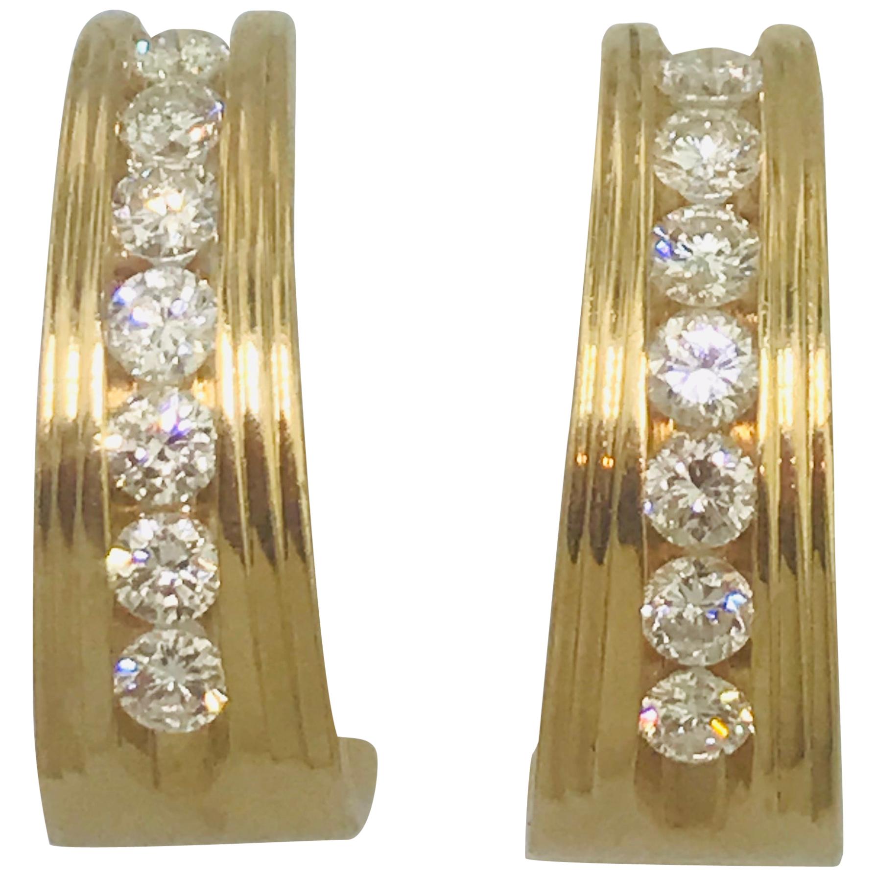 Diamond Hoop Earrings 1.00 Carat Diamonds in 14 Karat Yellow Gold For Sale