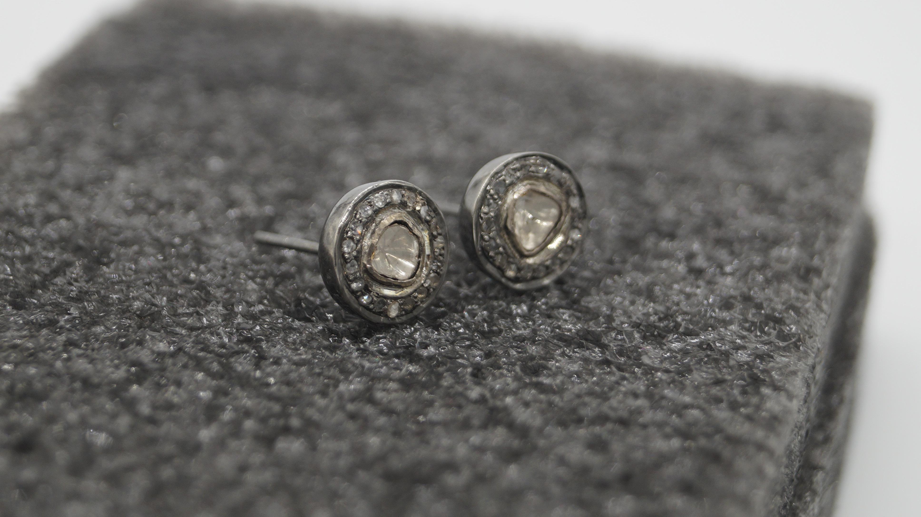 Artisan Vintage 1 carat Natural uncut rose cut diamonds sterling silver earrings studs For Sale