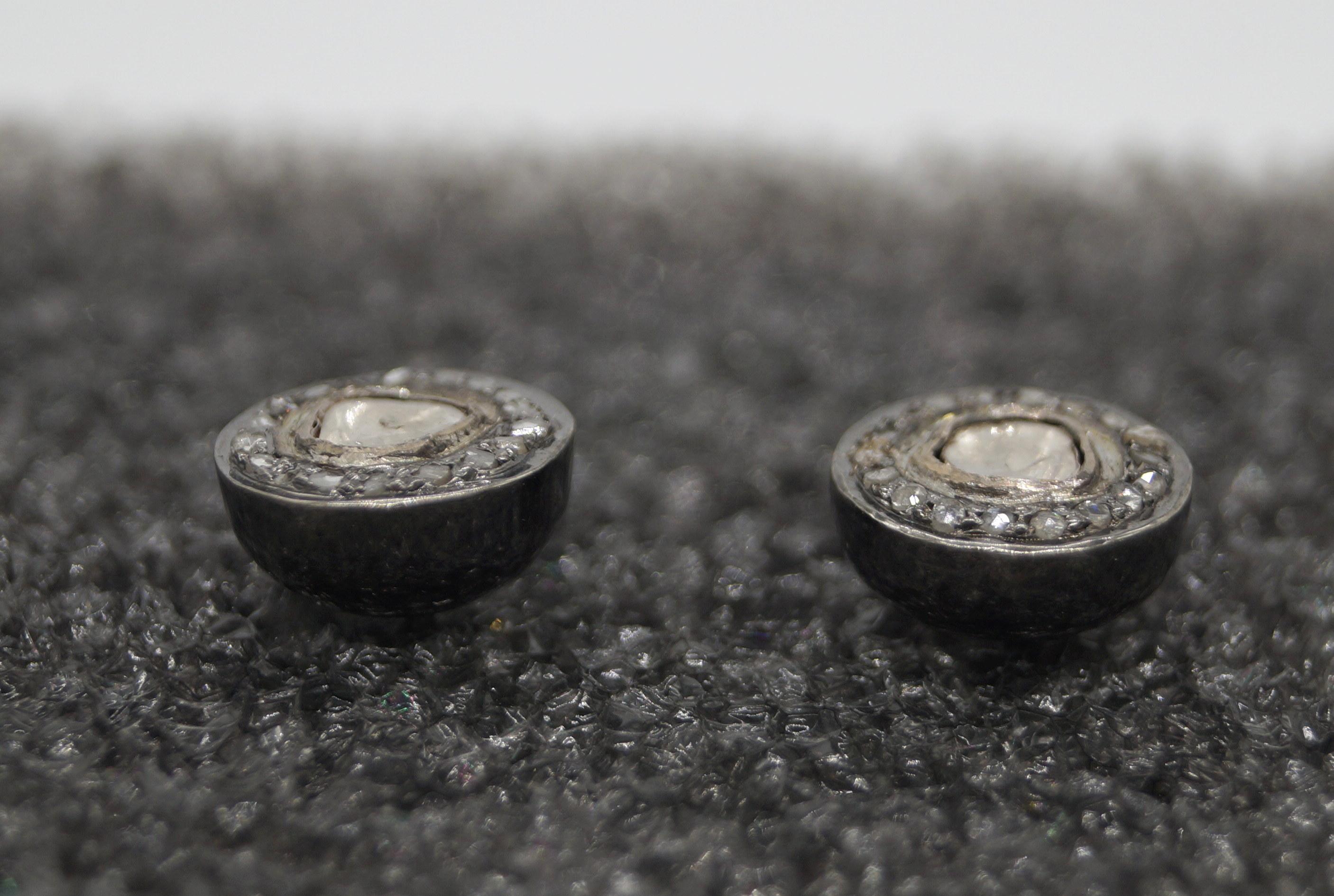 Mixed Cut Vintage 1 carat Natural uncut rose cut diamonds sterling silver earrings studs For Sale