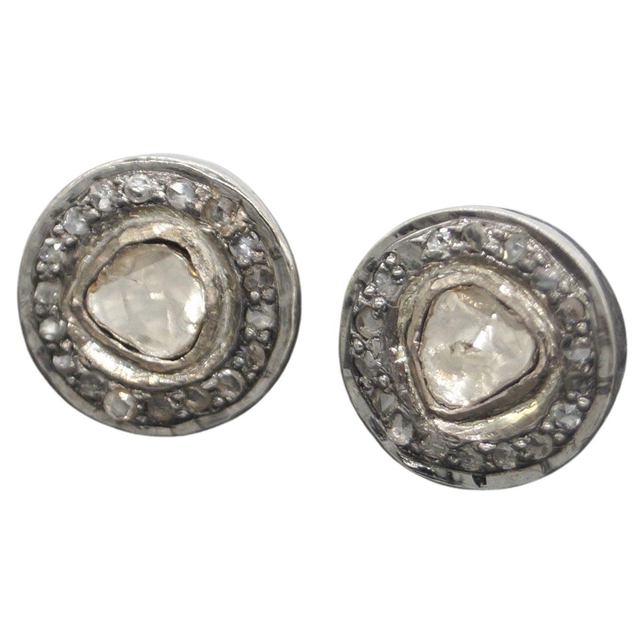 Vintage 1 carat Natural uncut rose cut diamonds sterling silver earrings studs For Sale