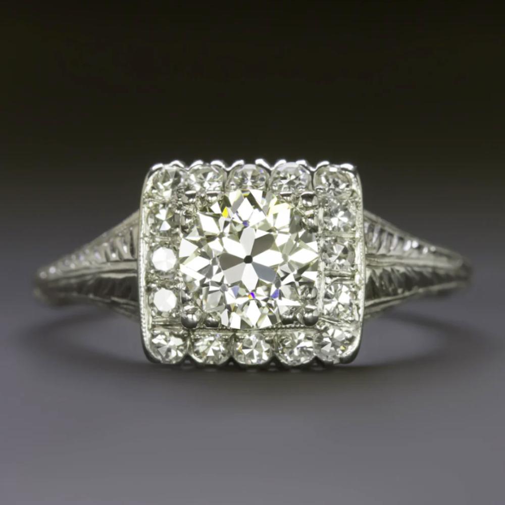 Art Deco Vintage 1 Carat Old European Cut Diamond Engagement Ring in Platinum For Sale