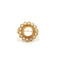Vintage 1 Carat Round Moonstone and Seed Pearl Gold Ring Estate Fine Jewelry