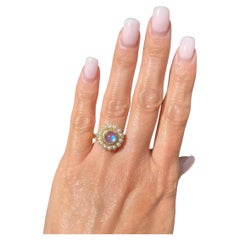 Vintage 1 Carat Round Moonstone and Seed Pearl Gold Ring Estate Fine Jewelry