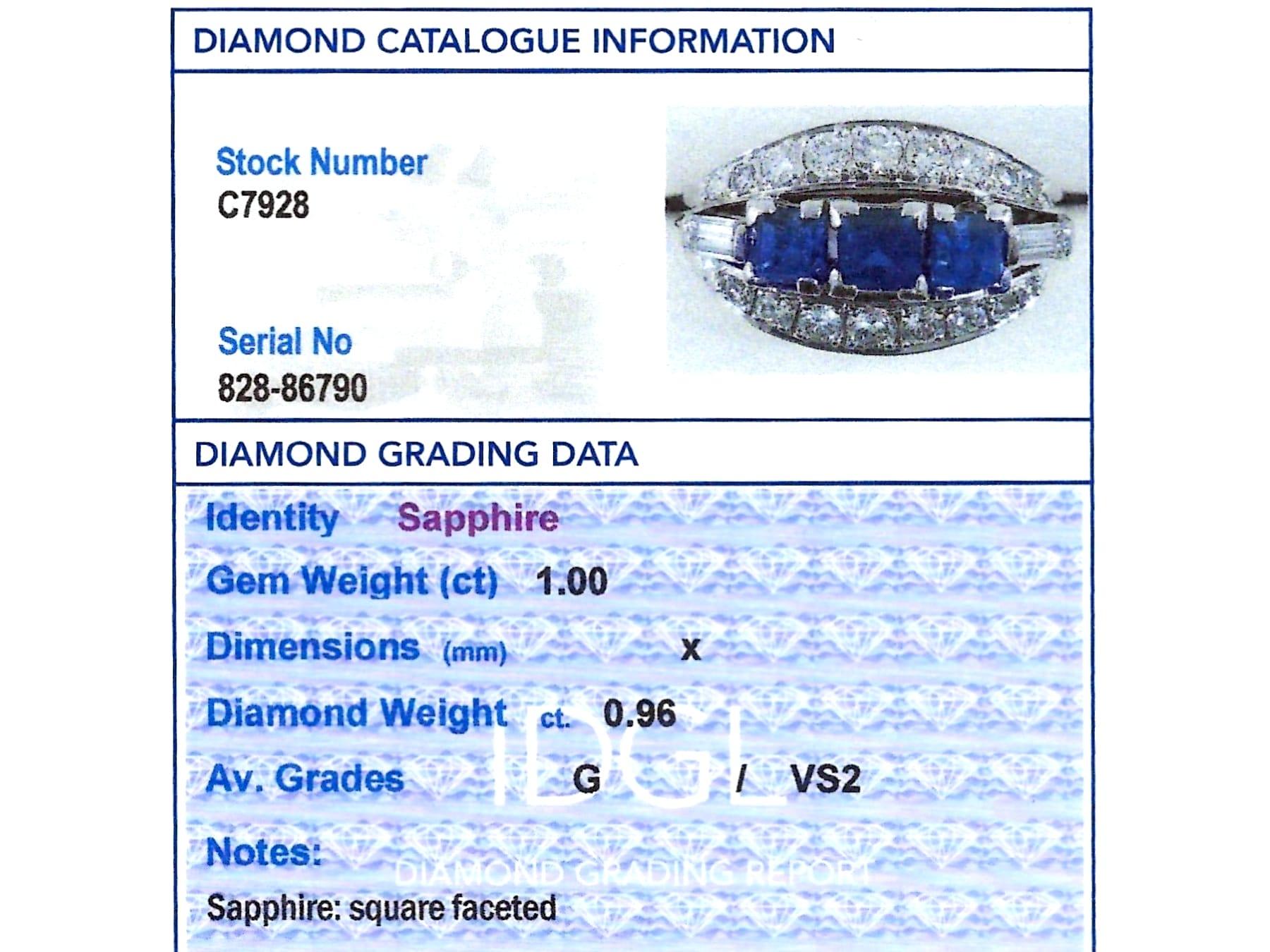 Vintage 1 Carat Sapphire and Diamond 18k White Gold Ring For Sale 1