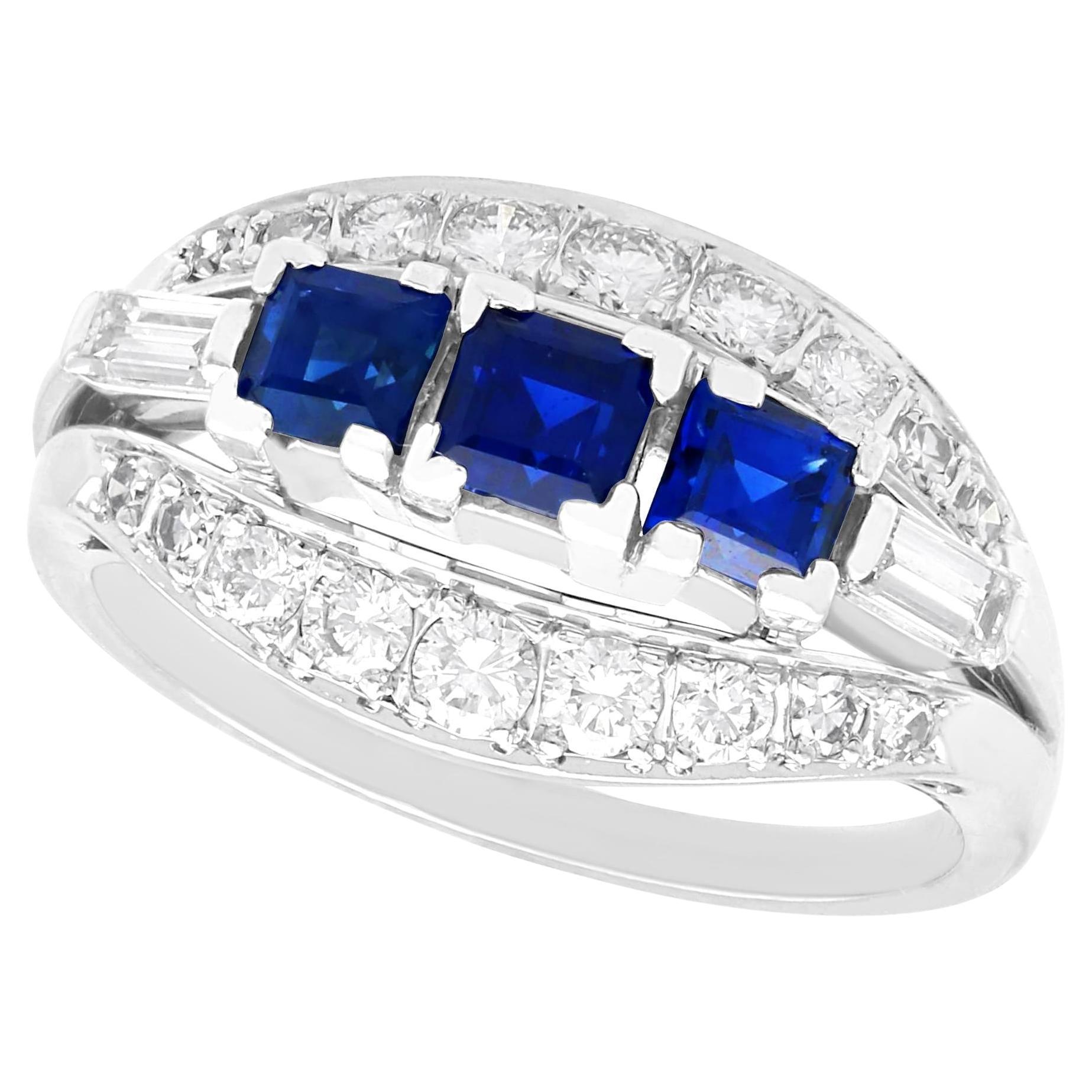 Vintage 1 Carat Sapphire and Diamond 18k White Gold Ring