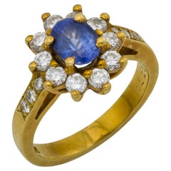 Vintage 1 carat sapphire diamond 18k yellow gold cluster ring