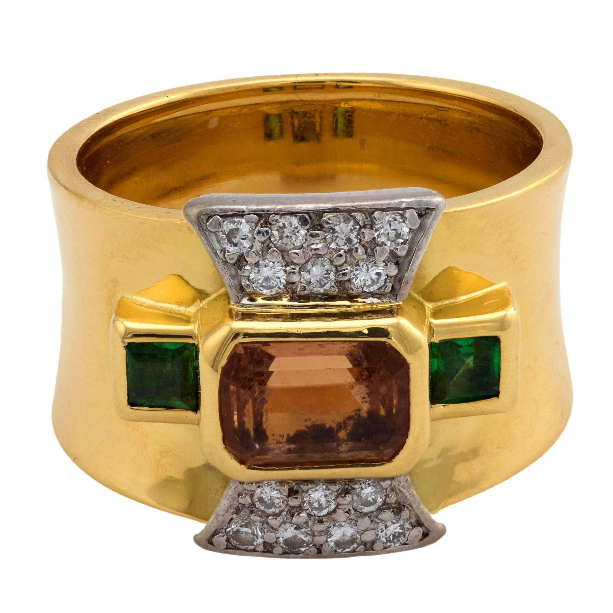 Anillo de cóctel vintage de oro amarillo de 18k con topacio, turmalina y diamante de 1 quilate Moderno en venta